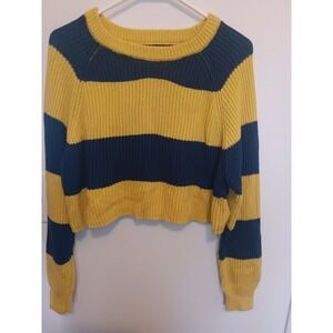 Forever 21 Womens Yellow Navy Blue Striped Cropped Ribbed Knit Sweater Medium